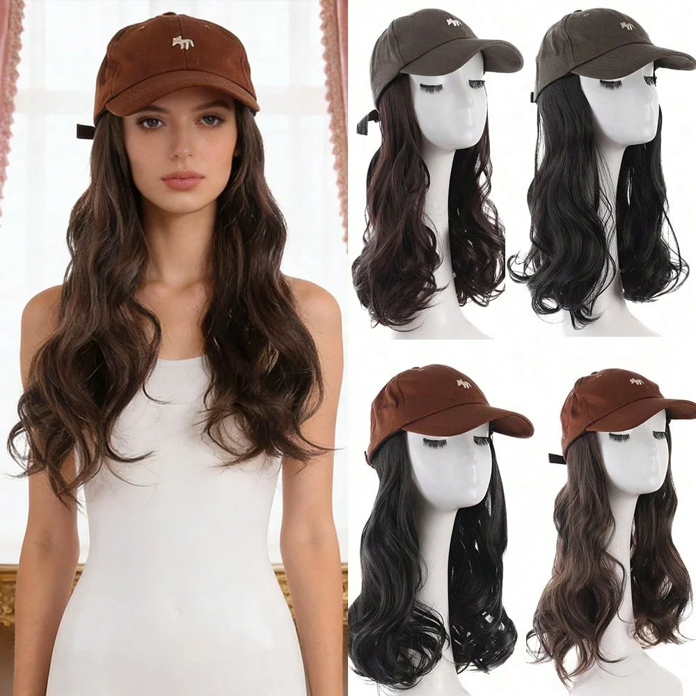 Synthetic Wavy Hat Wig Hair Extensions Hairpiece Brown Baseball Cap with Long Wavy Hair Adjustable Hat Wig for Women Daily Wear