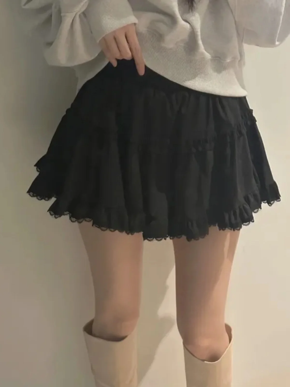 Korean Style Sweet Ballet Cake Short Skirt Women's High Waist Slim Fluffy Half-length Skirt Lace Splicing A-line Skirt