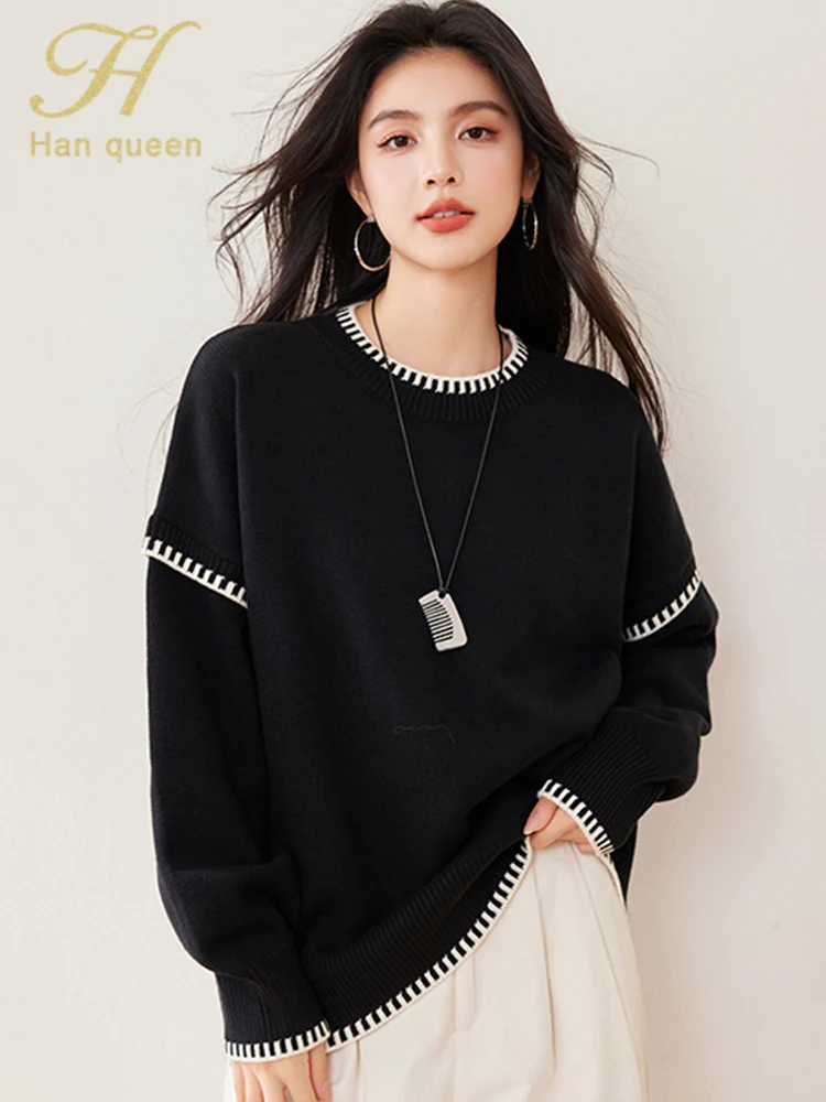 H Han Queen 2025 Spring Autumn Tops Korean Lazy Style Long Sleeve Vintage Casual Pullover Sweaters Korean Style Women's Clothing