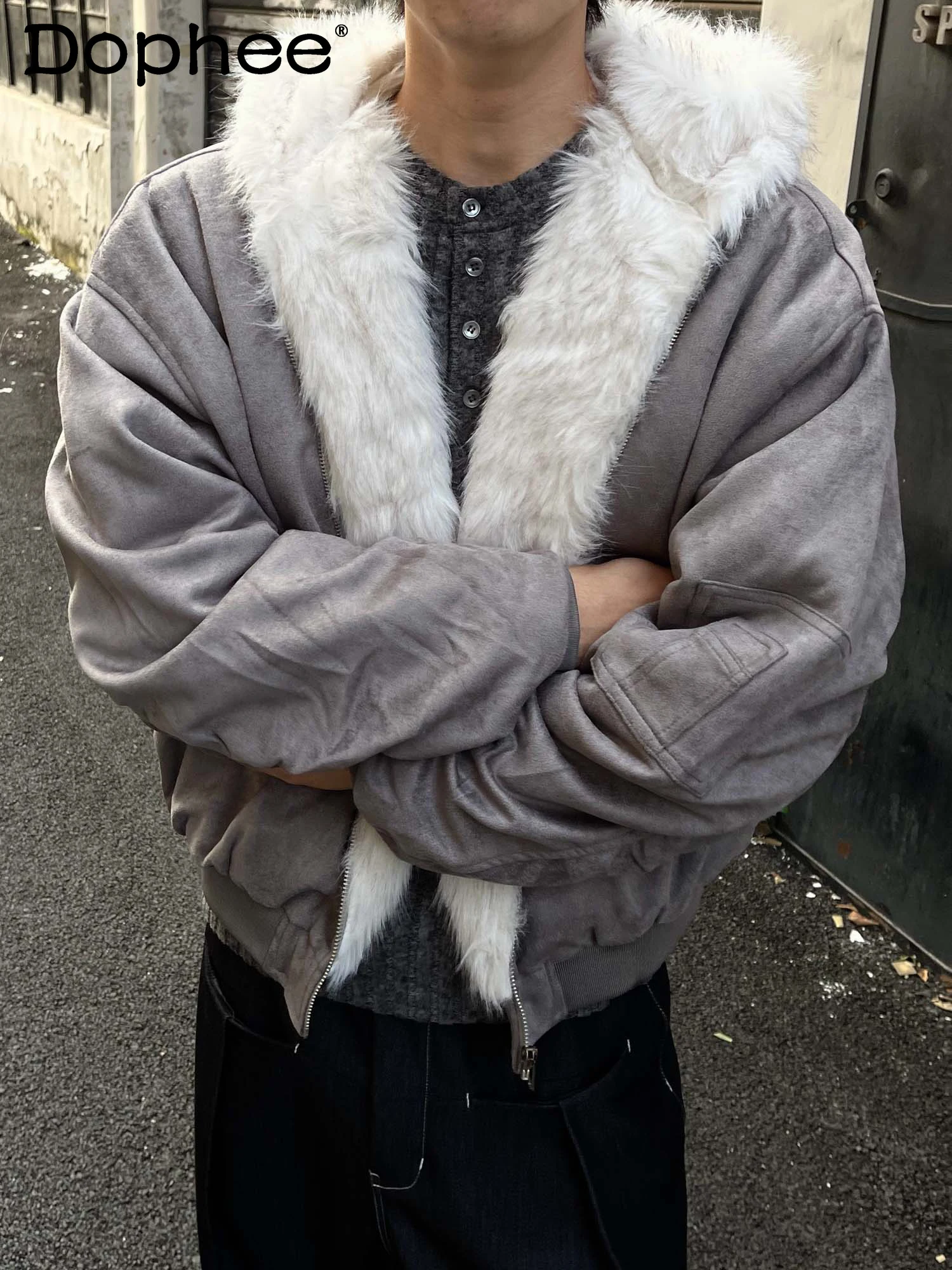 American Retro High Street Fashion Trend Jacket Winter Thickened Warm Zipper Loose Hooded Unisex Coat