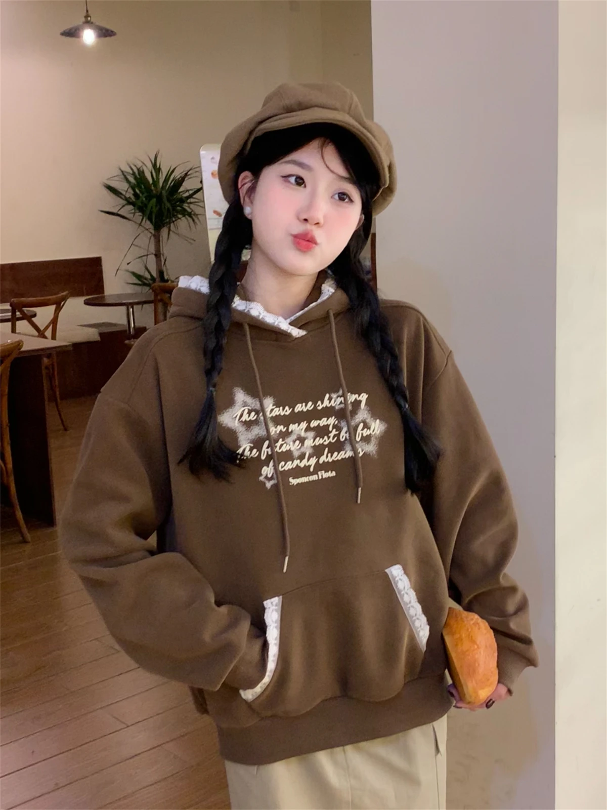 

Fce Lined Hoodie Women's Long Sve Casual Top with Lace Trim Letter Print Thiened Autumn Winter Streetwear