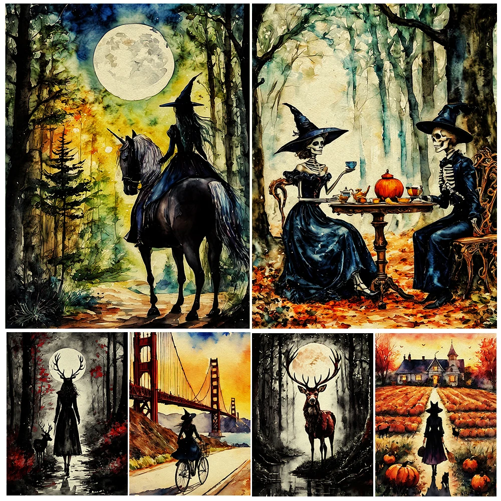 Tea Party For The Dead & Autumn Witch In The Darkling Woods Vintage Wall Art Canvas Painting Young Witch Art Poster Print Decor