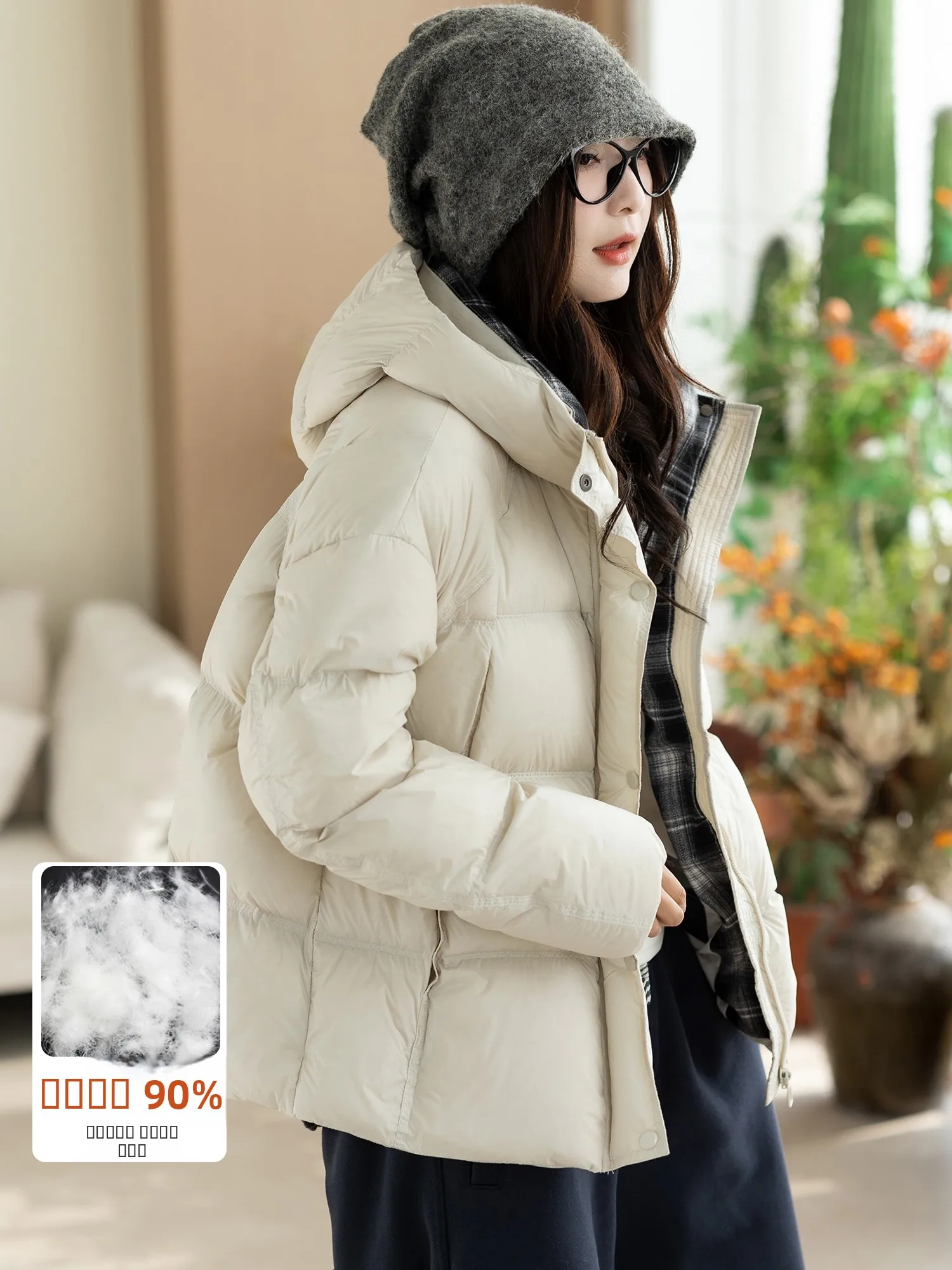 

K Puffer Jaet Women's Casual Thiened White Du down Coat with Hood High End Faionable Outdoor Warm Zipper Closure