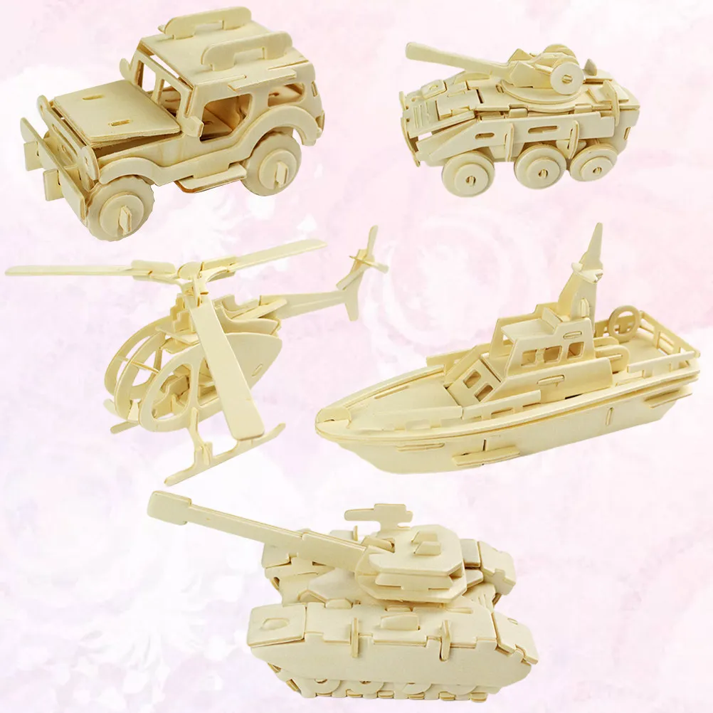 5Pcs 3D Manual Assembly Educational Wooden Jigsaw Collection Tanks Helicopters Armored Vehicles Patrol Boats