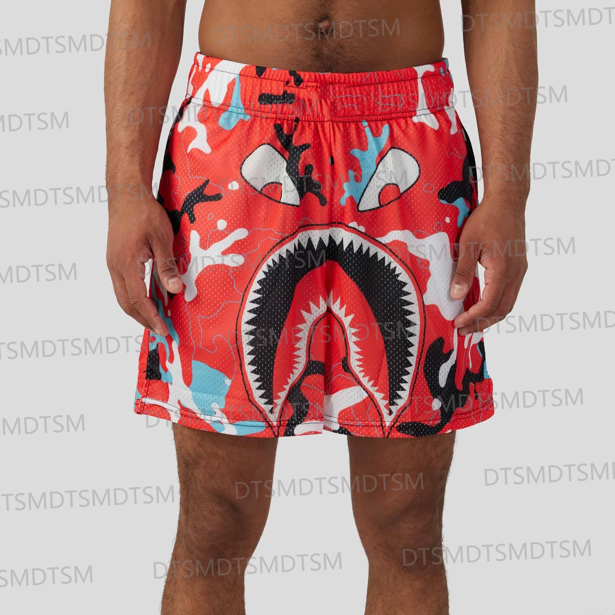 2024 Retro Summer Camouflage Shark Drawstring Basketball&Boxing Street Shorts Casual Vacation Beach Daily Life Kids/Adullt Pants