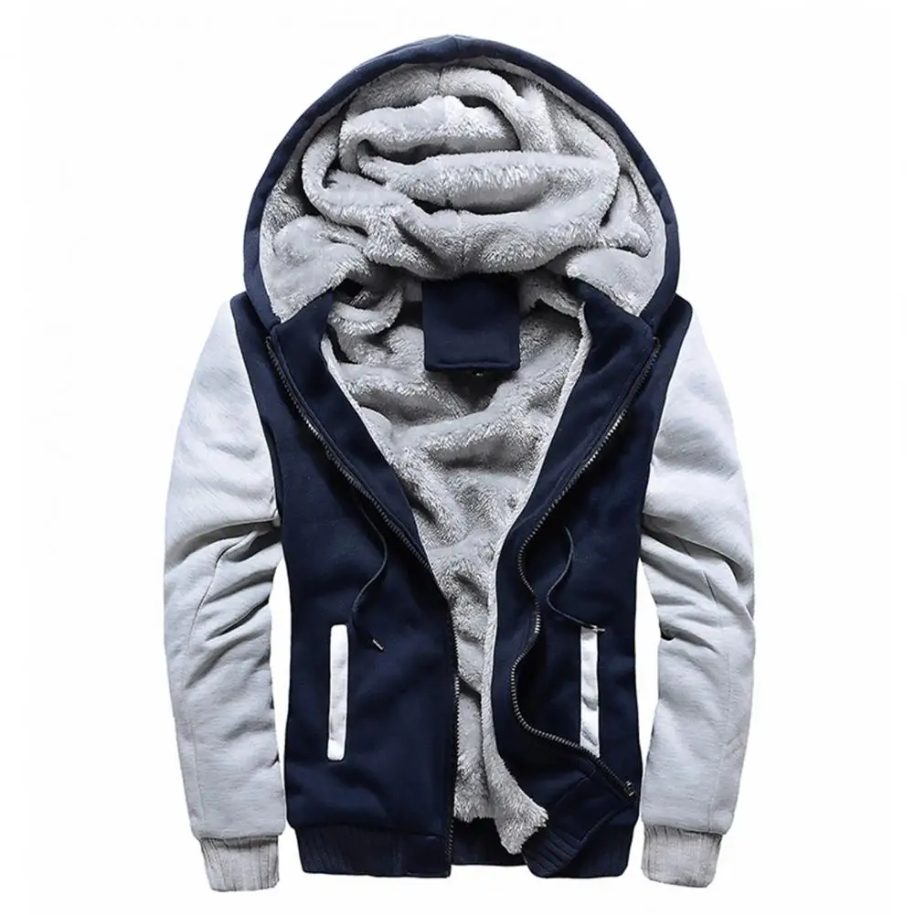 Winter Jacket Solid Colors Drawstring Zipper Fly Cardigan Hooded Extra Thick Men Jacket Contrast Color Winter Warm Cardigan Coat