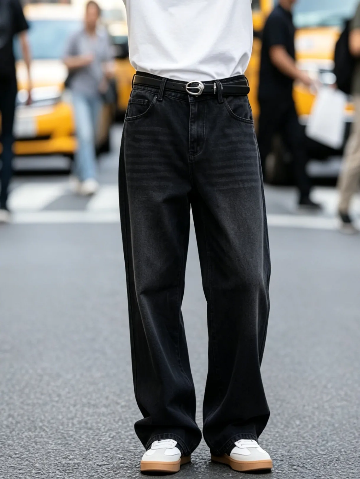【HME】Men's Jeans | Retro Black Denim Pants, Men Cat-Whisker Distressed Wide Leg Denim Jeans, Classic Five-Pocket Structure, Thick Denim Weave, Fashion Loose-Fit Full-Length Casual Pants For Men Street Style