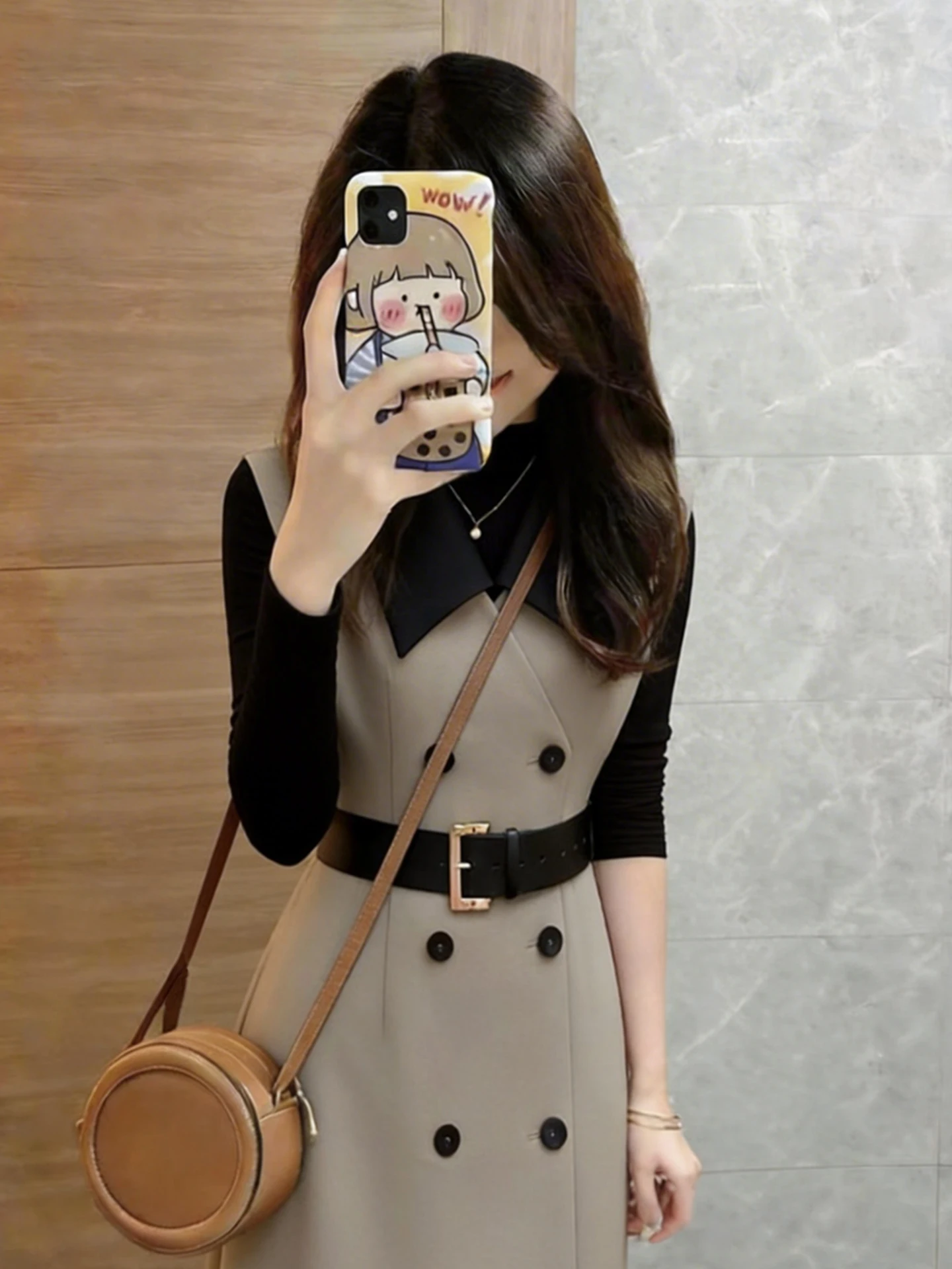 Spring Commute Women's Double-Breasted Midi Length Windbreaker  Collar Color Block High Waist Polyester Fiber Jacket