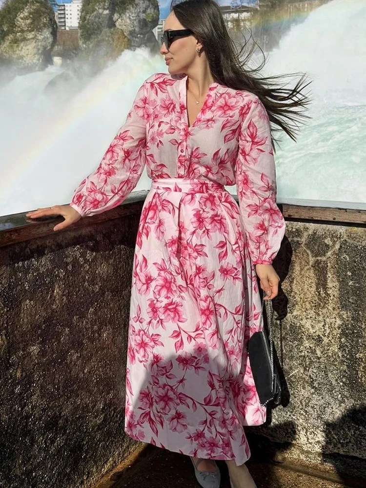 

HH Women 2 Piece Set Floral Print Long Sleeves Single-Breasted Shirts Casual Tops+Fashion High Waist Zipper Slim Long Skirt