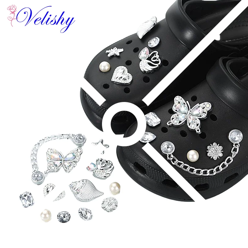 1Set Silver Diamond-Encrusted Chain Shoe Charms For DIY Squid Butterfly Conch Patterns Shoe Buckle Decoration