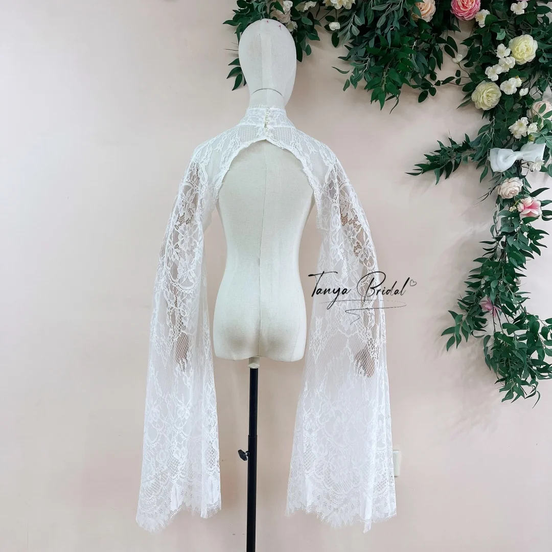 Vintage Floral Lace High Collar Long Cape Sleeves Pearl Closure Back Hollow Out Removable Bridal Arm Wrap Detachable Shrug Blero