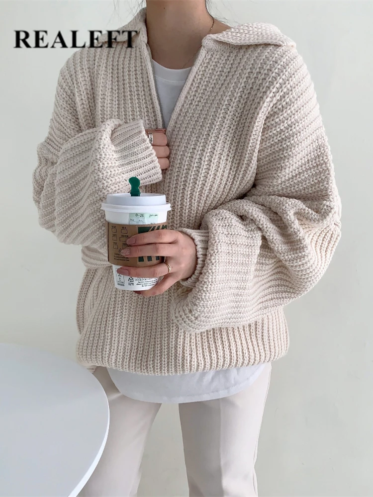 

REALEFT Autumn Winter Retro Thicken Women's Sweaters 2022 Lantern Sleeve Solid Color Casual Sweater Ladies Knitting Tops Female