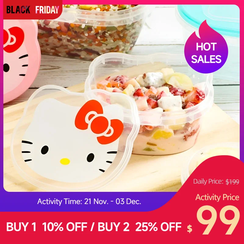 Sanrio Kawaii Hello Kitty Fresh Box Cartoon with Lid Lunch Box Fruit Packing Box Desktop Storage Box Cute Kitchen Supplies