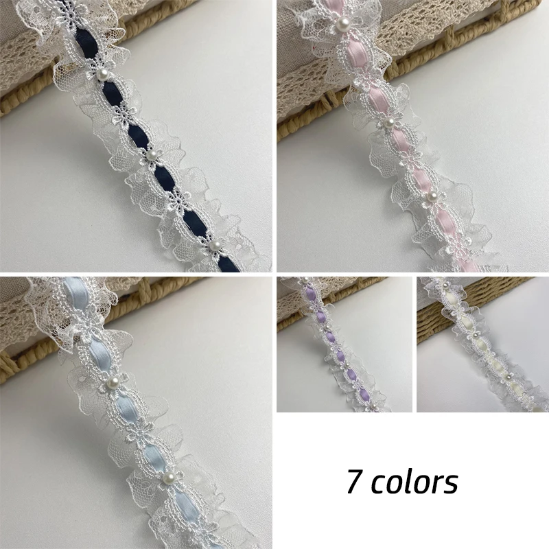 Adorno de encaje de Lolita de 1 yarda con cuentas de marfil, cinta de satén con volantes de 3cm de ancho para ropa DIY, vestido, cortina, decoración de muebles
