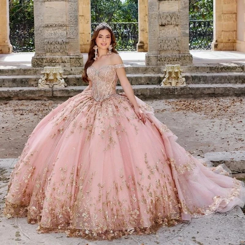 Vestido De quinceañera De menta brillante, vestido De baile sin hombros, apliques florales, cuentas escalonadas, dulce 16, 15 Años