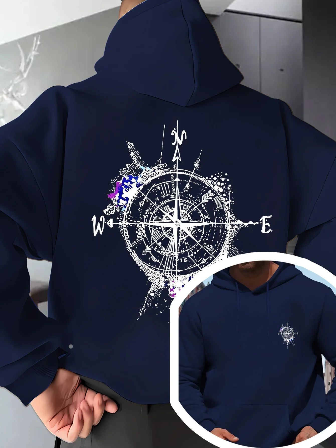 New Men's Autumn/Winter Fashionable Hooded Sweatshirt – American High-Street Style, Compass Print, Versatile and Comfortable.