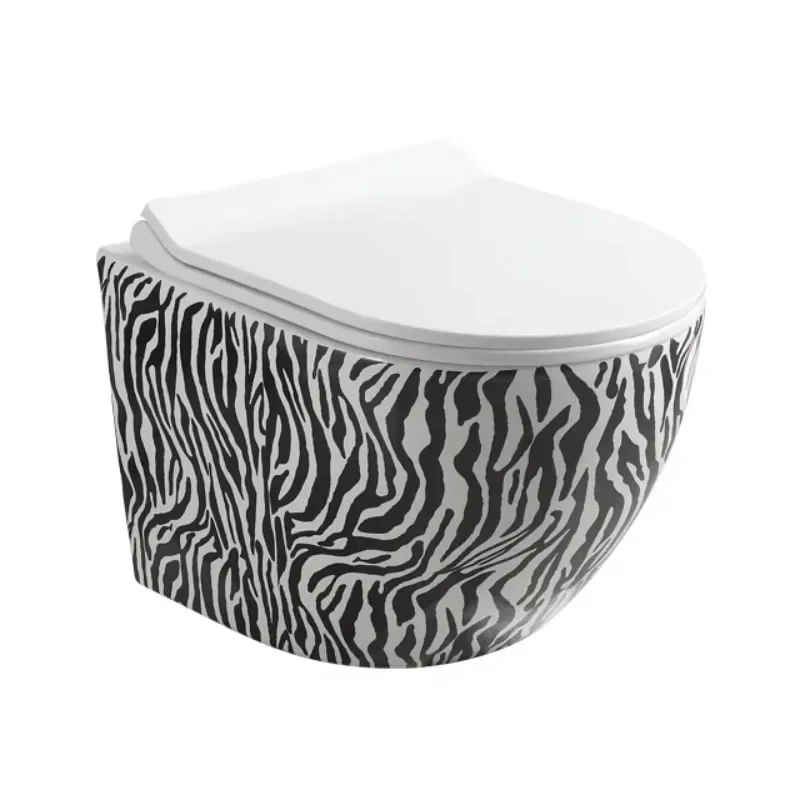 Luxury Zebra-Stripes Rimless Wall Hung WC Bathroom P Trap Ceramic Toilet Bowl with Concealed Cistern