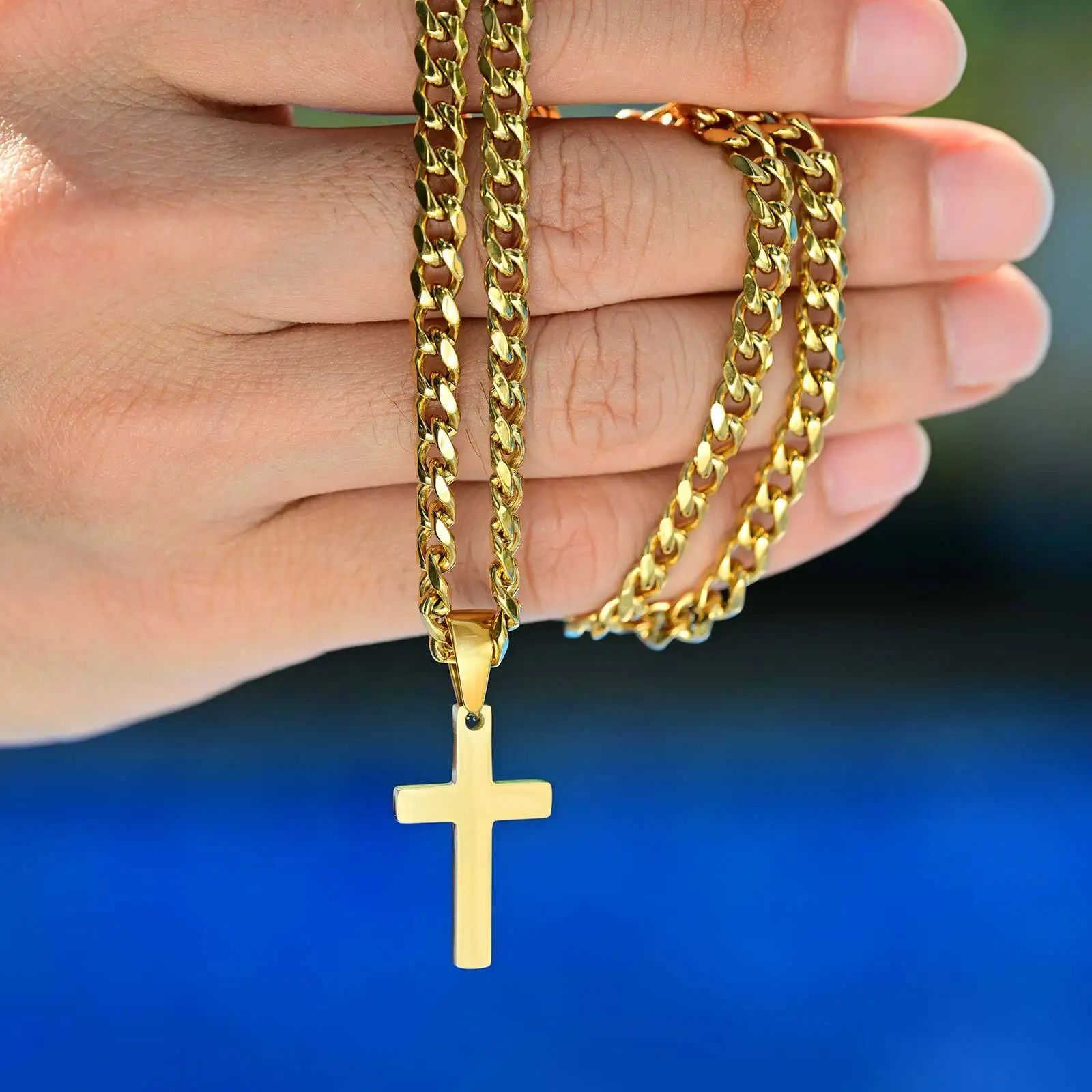

High Quality Cross Necklace for Men Boys,Stainless Steel Pendant with 5MM Cuban Chan,Classic Simple Jewelry Gift