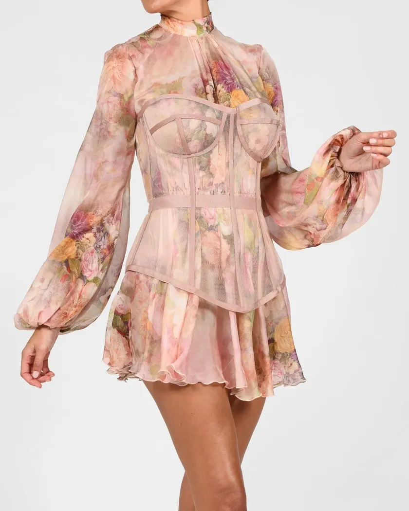 European and American Women's Clothing Pink Flora Printing Chiffon Dress Long Puff Sleeve Fishbone Waist Seal Suit Temperament