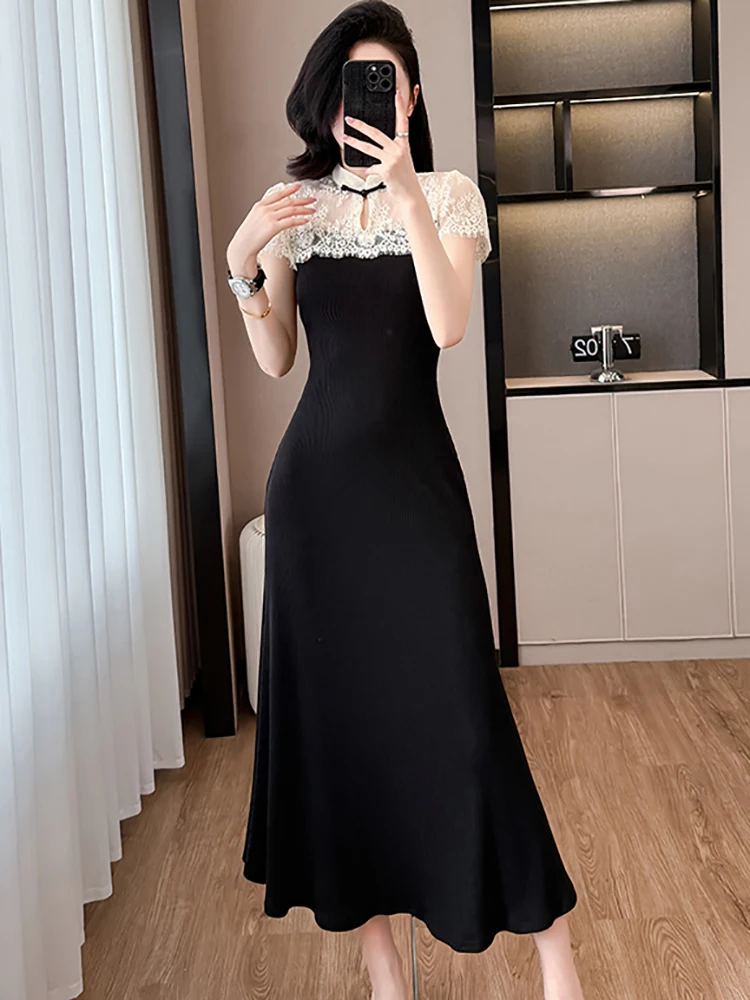 Femmes coréennes Vintage Hepburn Festival longue robe été noir Patchwork blanc dentelle robe transparente 2025 élégant moulante robe de nuit