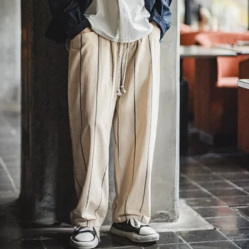 Maden Retro verticaal gestreepte ballonbroek Luie stijl Los katoen Casual ademend met elastische riem Trekkoord Designbroek