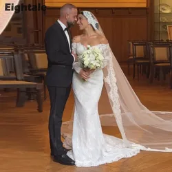 Eightale Lace Wedding Dresses V-Neck Customized Long Sleeves Lace Mermaid White Ivory Muslim Bridal Gown Vestidos De Novia