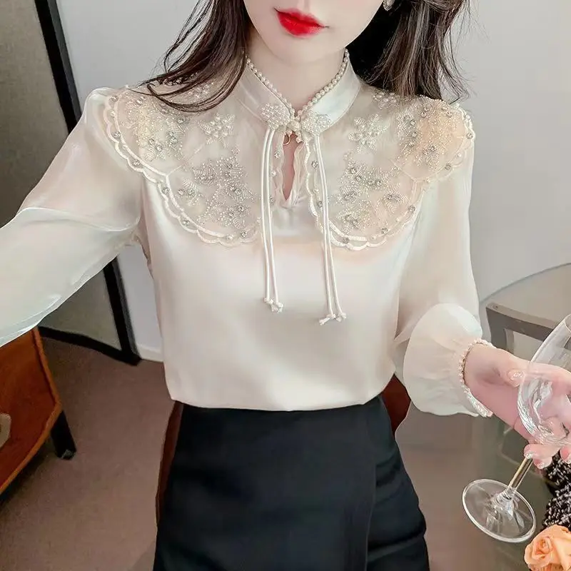 New Chinese Style Cheongsam Chiffon Shirt Women's Spring Summer Design Sense Heavy Industry Embroidery Stand Collar Blouse Topsh