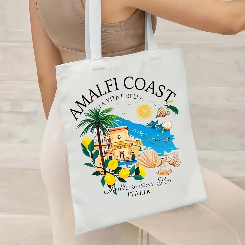 

Amalfi Coast Canvas Tote Bag Reusable Grocery Shopping Bag Vibrant Italian Riviera for School Travel Multi-Purpose Storag