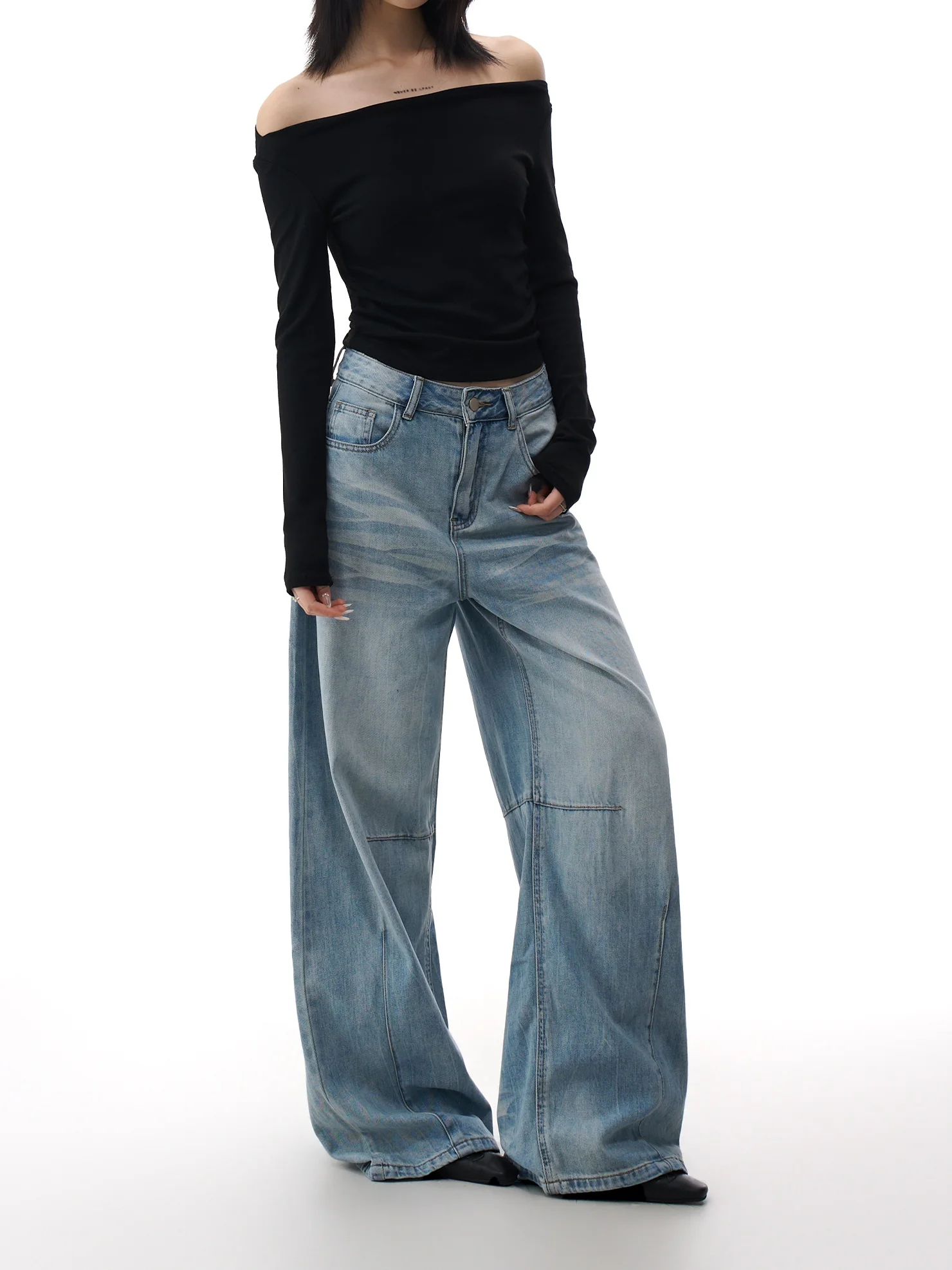 

Retro American Light Blue Straight Leg Denim Pants Women's High Waist Wide Leg Pants Spring New Sle Hole Design Casual Jeans