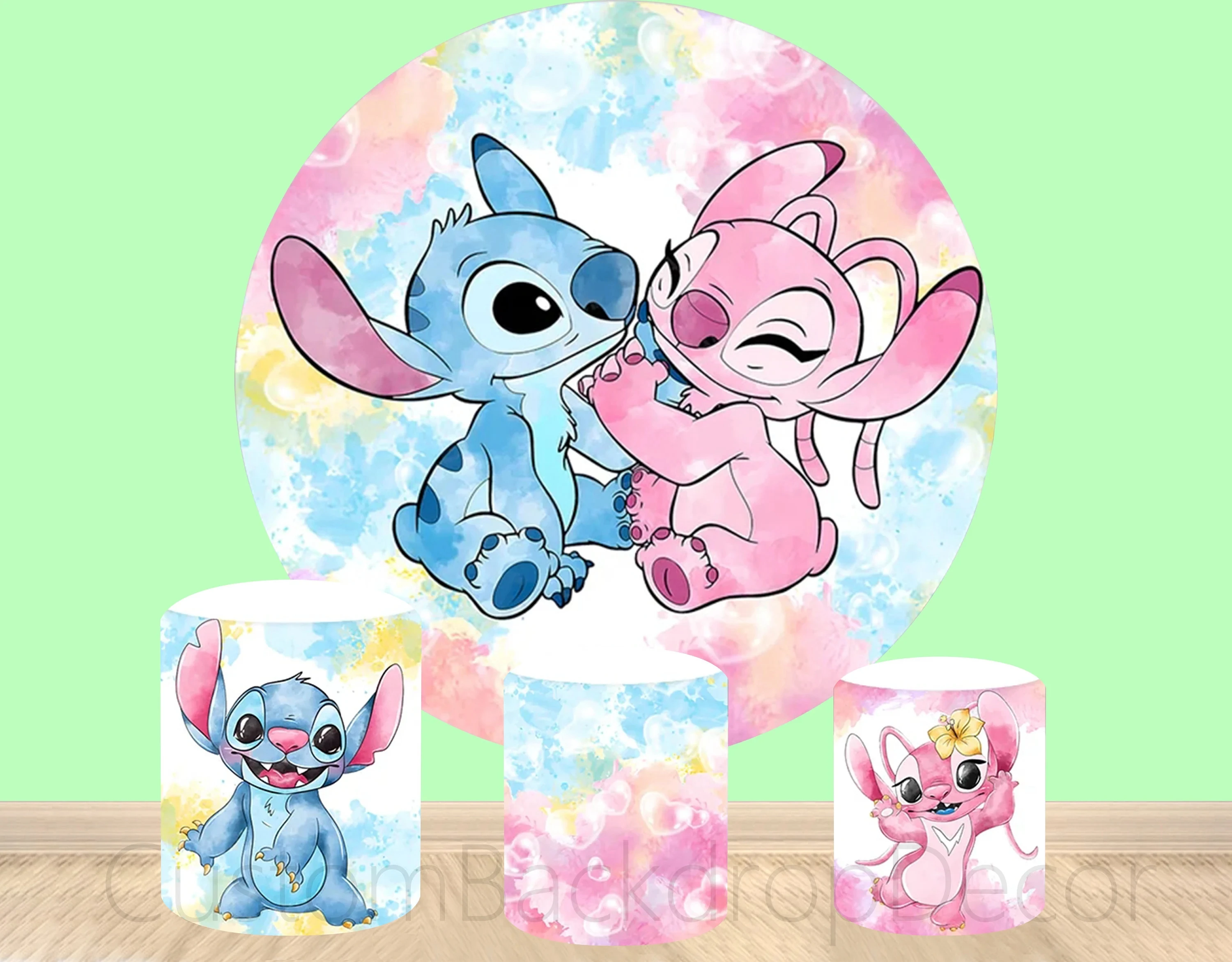 Sfondo rotondo Lilo e Stitch Copertura per botte di cartone animato a tema Disney Decorazione personalizzata per feste di compleanno per baby shower