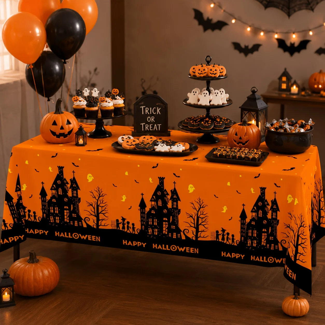 1Pc Halloween Haunted House Tablecloth Orange Black Castle Ghost Pumpkin Print Table Cover For Party Decoration Recta