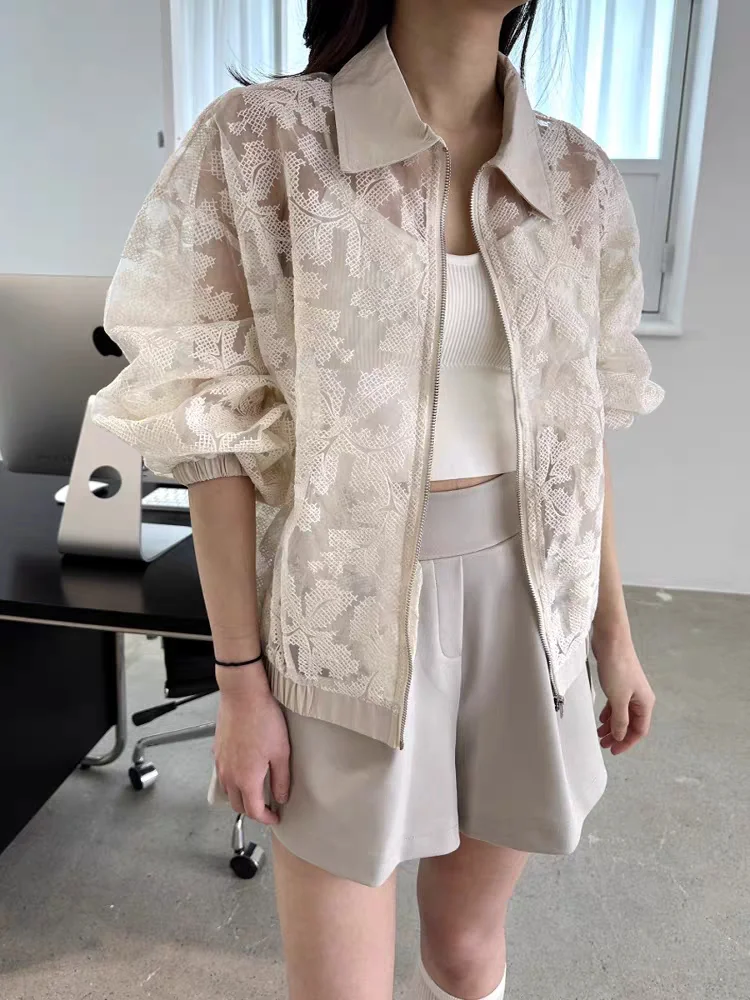 Elegant Spring Summer Short Outerwear Women Loose Fit Lace Embroidery Heavy Work Hollow out Zipper Jacket Top