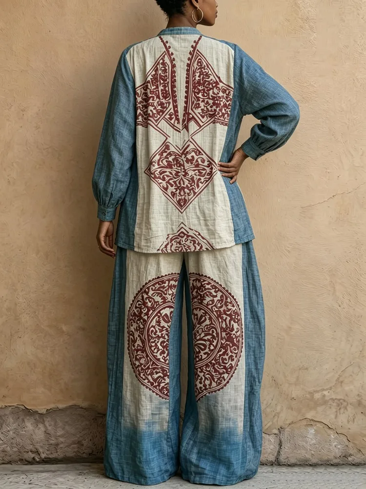 UOOZEE Women's Vintage Ethnic Printed 2 Piece Sets Long Sleeves Stand Collar Blouse & High Waist Wide Leg Pants Matching Set view 2