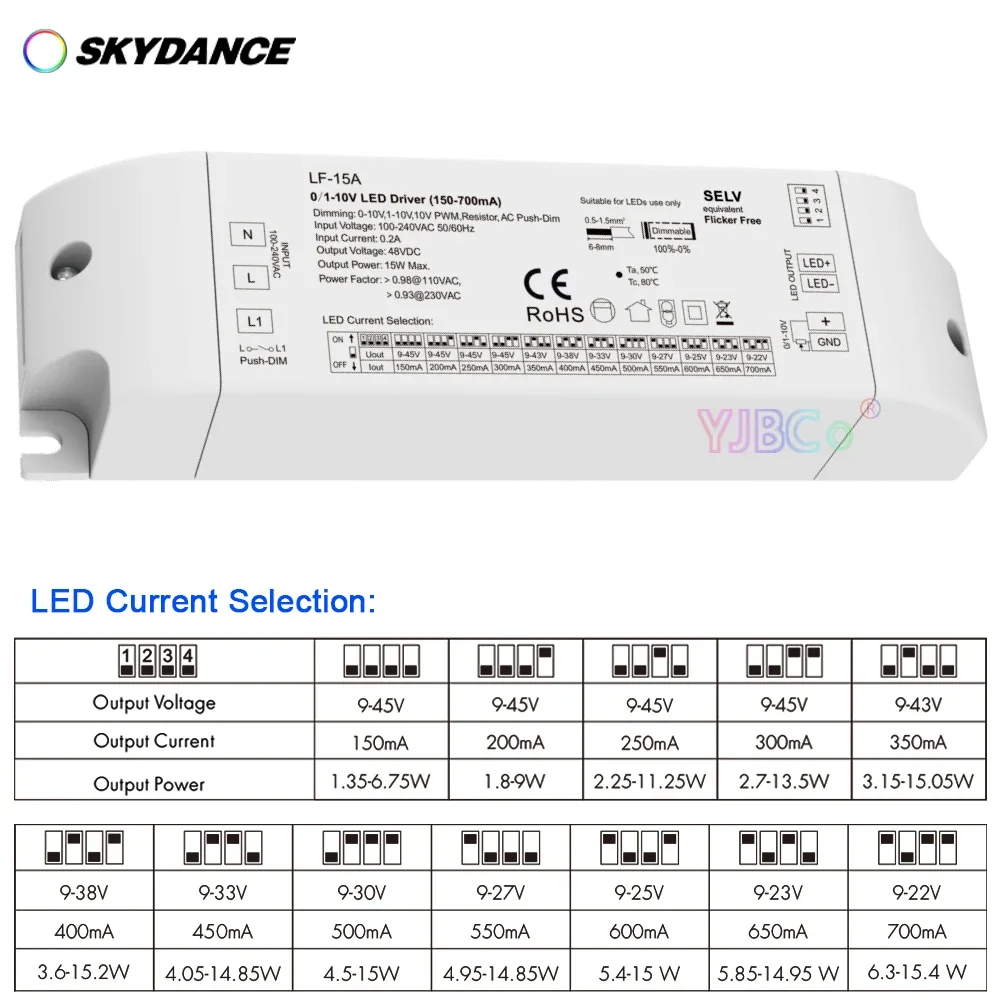 Skydance 150-700mA 15W 0/1-10V Dimmable LED Driver AC110V-220V Constant Current Power Supply For Downlight Spotlight 10-45VDC