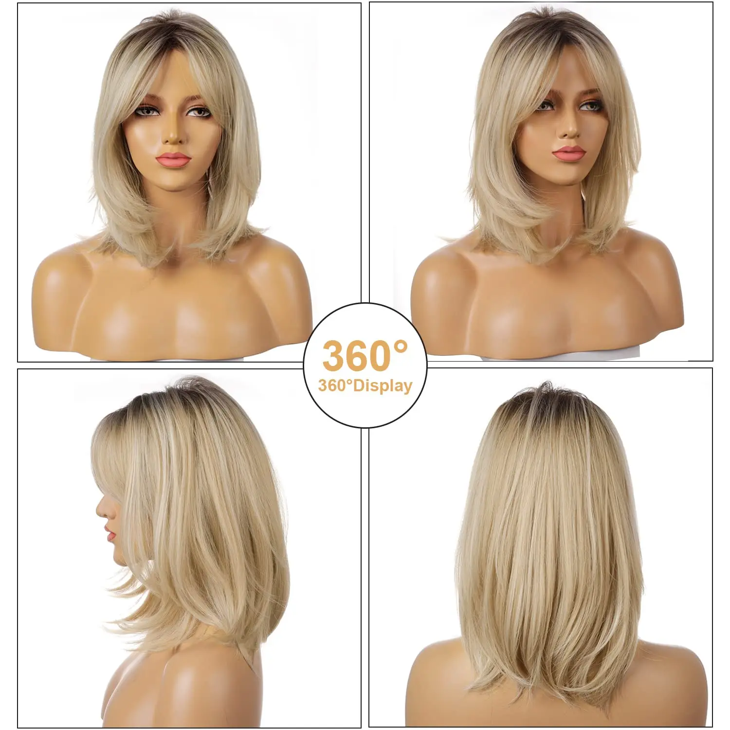 Ombre Light Blonde Wig with Bangs Natural Hairline Middle Length Synthetic Wig  for White Women Daily Use