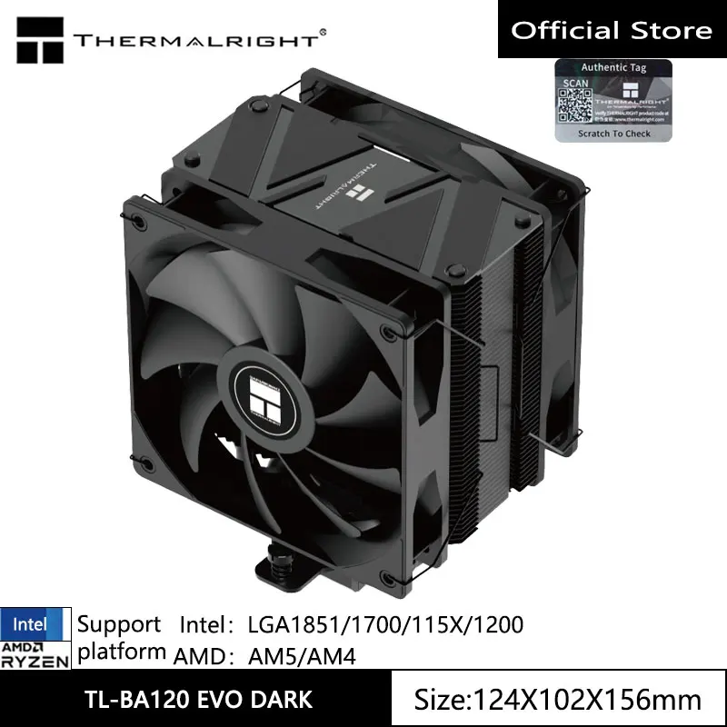 Thermalright BA120 EVO DARK Radiator chłodzony powietrzem CPU, 6 rur cieplnych, pojedyncza wieża, podwójny wentylator, DTPC 245 W, czarna farba nano spray
