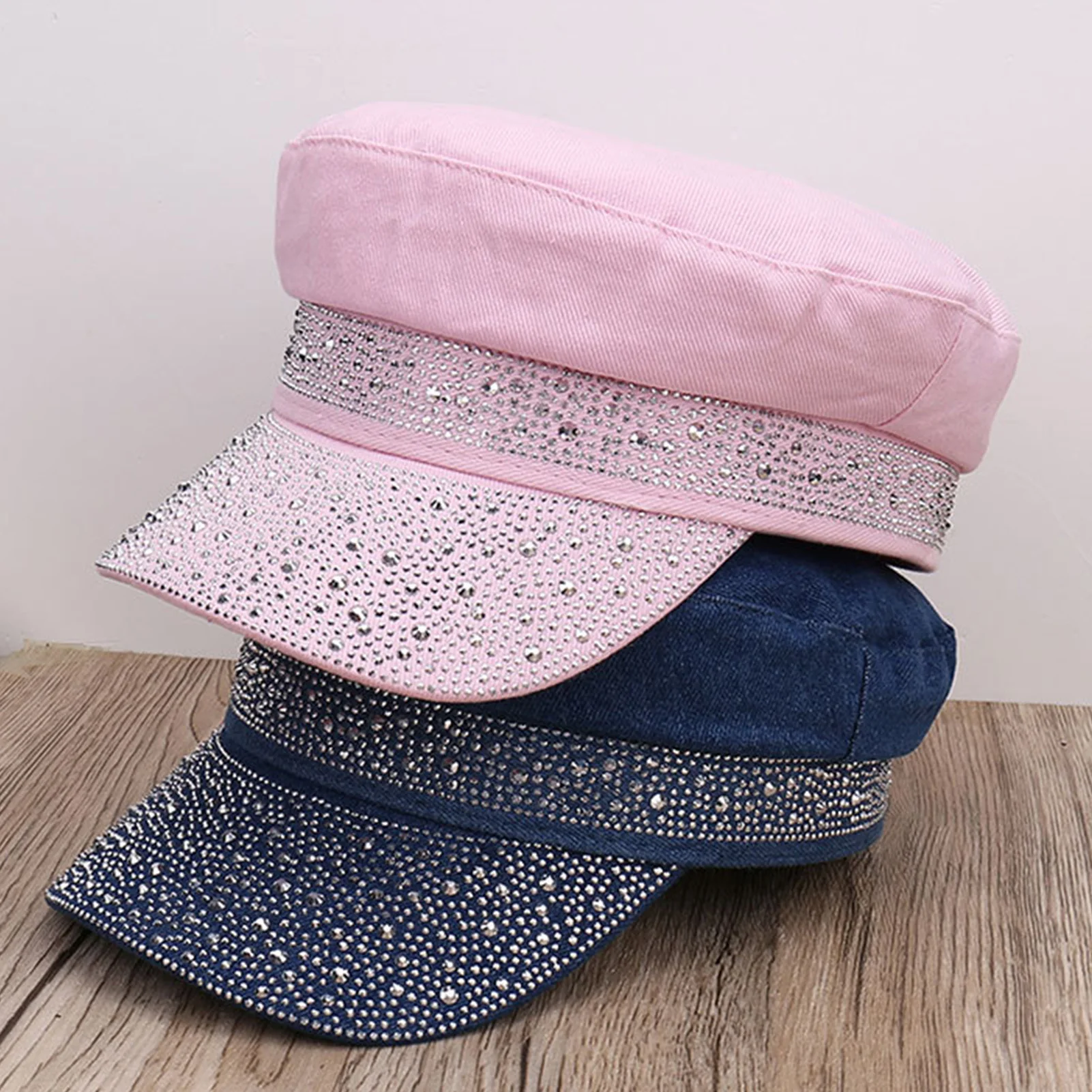 Damen-Baseballmütze mit glänzenden Strasssteinen, flachem Oberteil, für Damen, modischer Sonnenhut, Outdoor, lässiger Baskenmütze-Stil, Einheitsgröße