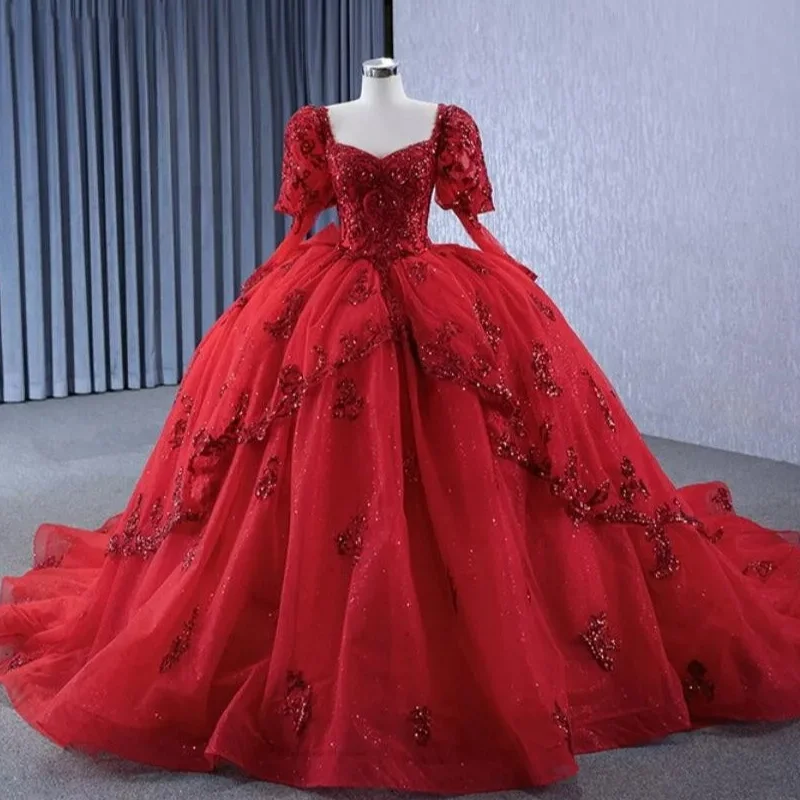 

Shiny Red Quinceanera Dress Crystal Glitter 3D Flower Decal Lace layering Bow Long tail Vestidos De 15 Quinceanera ﻿Customize