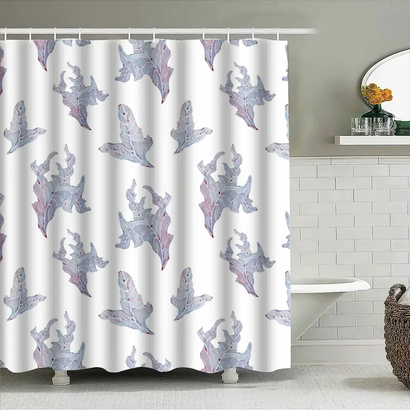 Leaf Print Shower Curtain Waterproof Bathroom Decor Privacy Screen White with Blue Pink Leaves Pattern (180x240cm)