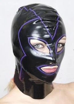 Latex Kap Rubber Masker Handgemaakte Open Ogen Mond Met Paarse Bekleding Sexy Halloween Cosplay Kostuums Voor Mannen Vrouwen