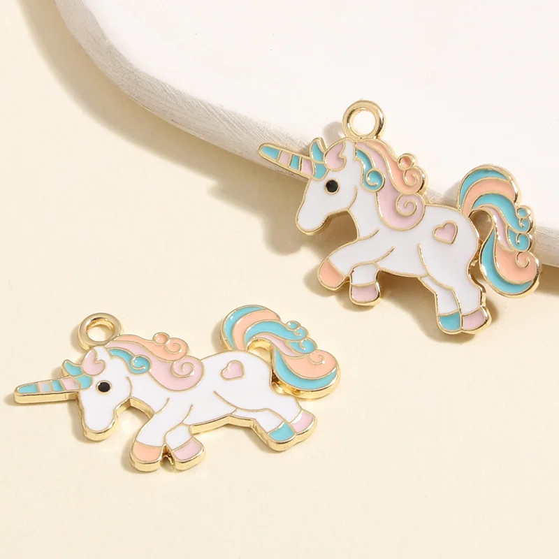 5pcs Gold Color 34x20mm Cute Enamel Heart Unicorn Charms Animal Pendant Fit DIY Necklaces Jewelry Making Handcrafted Accessories