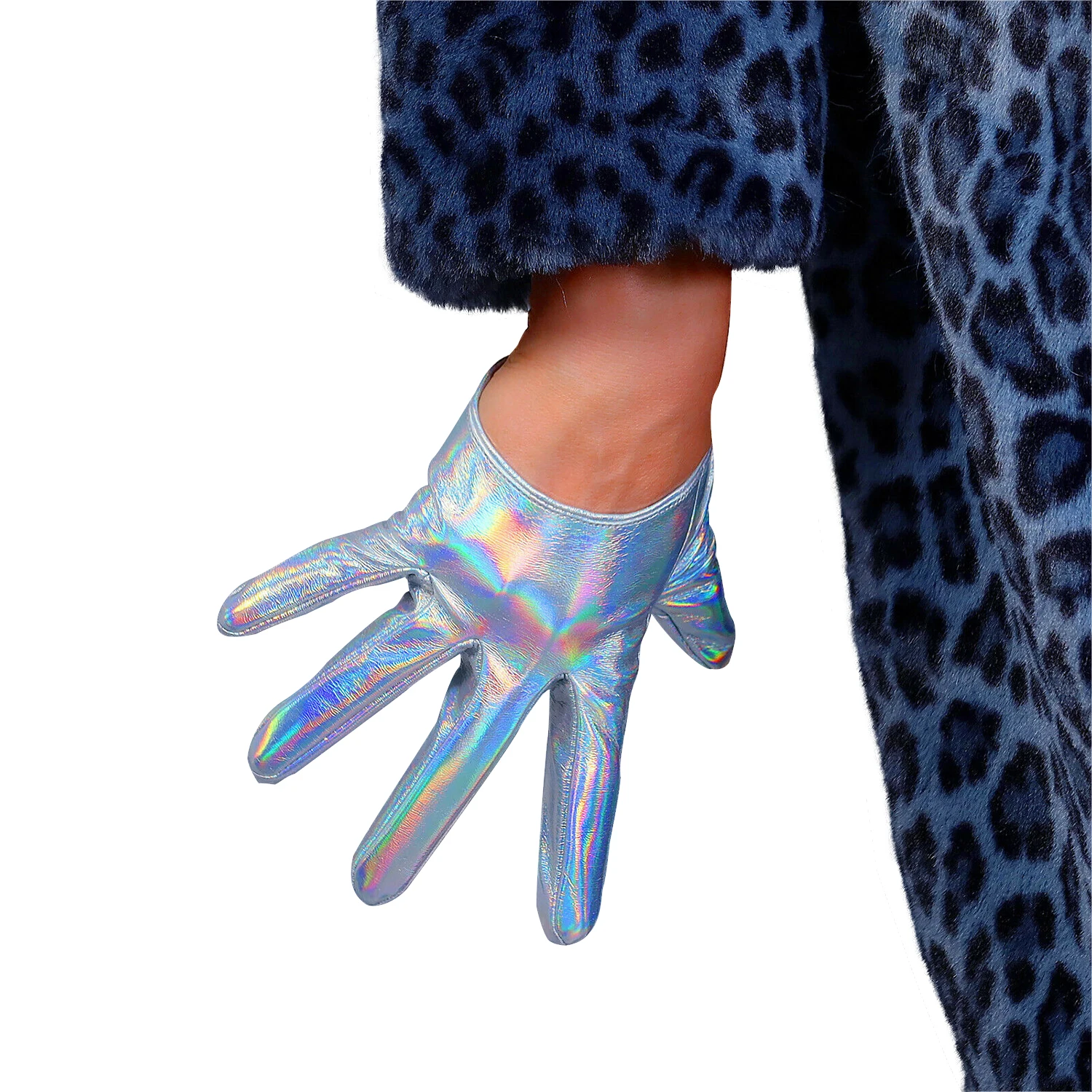

DooWay Women's Super Short LATEX GLOVES Faux Patent Leather Hologram Silver Mermaid Rainbow Fashion Show Costume Christmas Glove