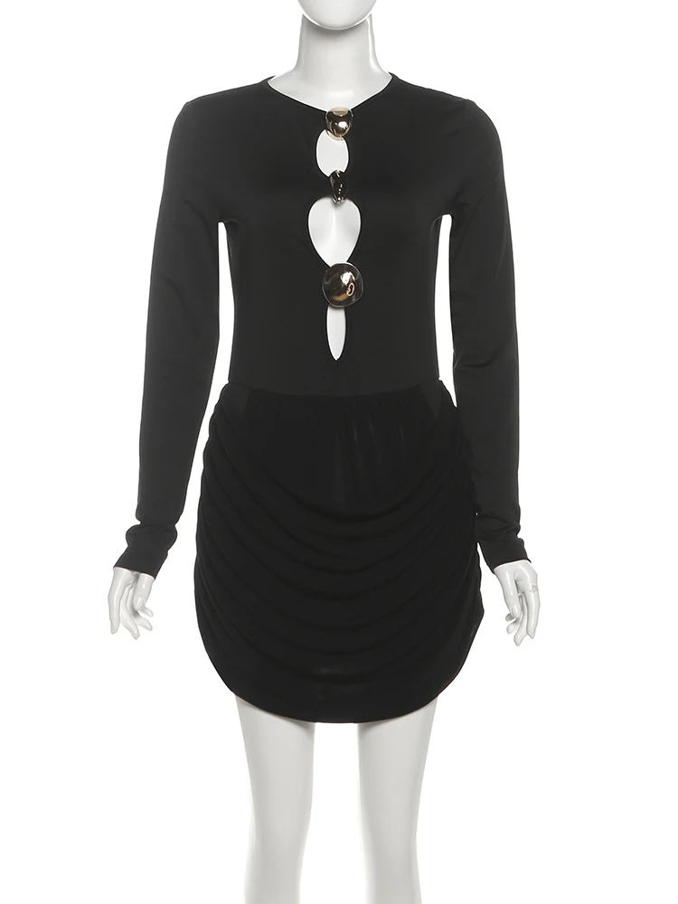 Whatiwear Sexy Holle Metalen Decoratie Jurk Vrouwen O-hals Volledige Mouw Fluwelen Patchwork Zoom Middernacht Ruches Elegante Mini Bodycon