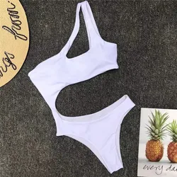 One Shoulder Swimwear Women One Pieces Swimsuit Solid Badpak Dames Beach Wear Hollow Out Monokini Maillot De Bain Trikini Mujer