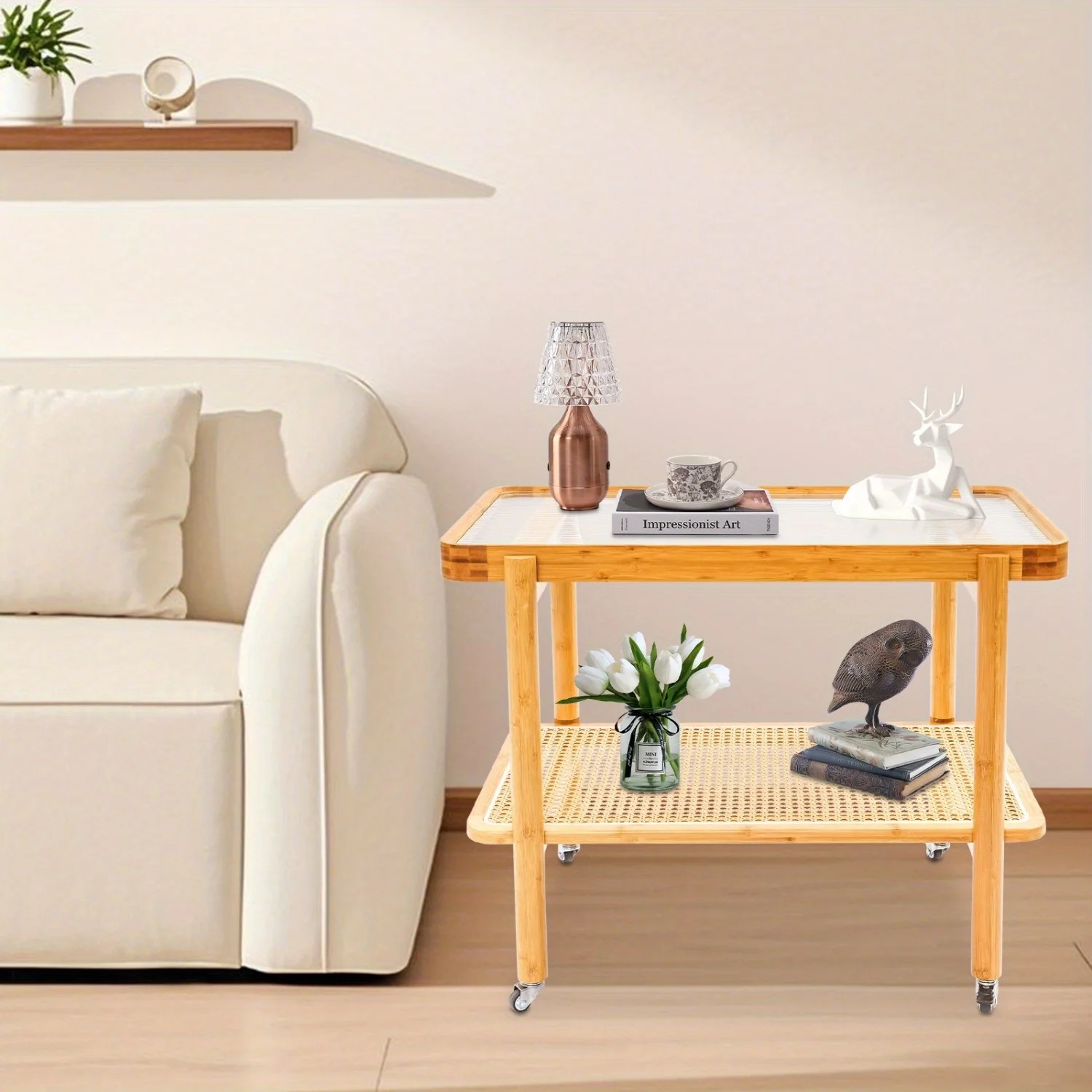 

[Coffee Table with Wheels] 1 Tempered Glass Bamboo Resin Rattan Coffee Table with Wheels 2-Shelf 22" Height Sofa Table