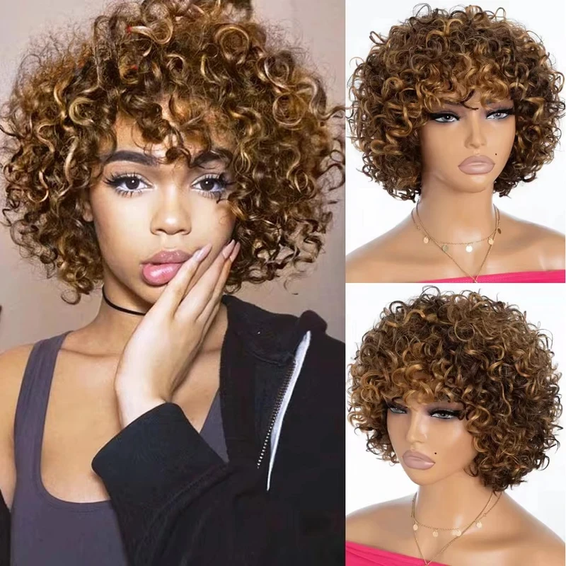 Brazilian Jerry Curly Highlight Ombre 4/27 Human Hair Wig With Bang Kinky Curly Blond 427 #   Hair Wigs For Black Women Dark 1B #