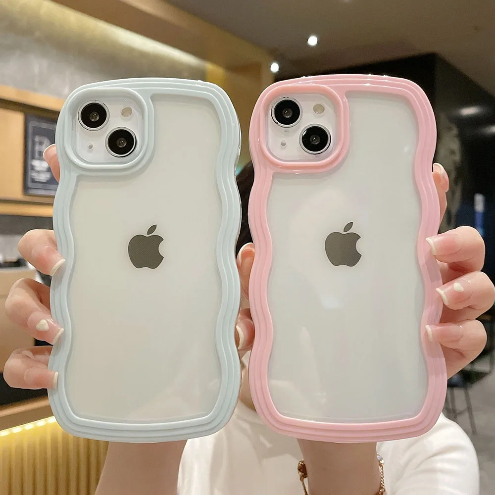 Funda de teléfono transparente a prueba de golpes con borde ondulado de Color caramelo para iPhone 14, 15 Plus, 11, 12, 13 Pro Max, X, cubierta trasera protectora suave