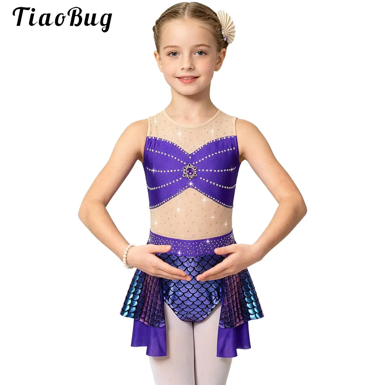 Kids Mermaid Ballerina Princess Dance Costume Girls Gymnastics Ballet Leotard Dress Sleeveless Metallic Fish Scale Tutu Dresses