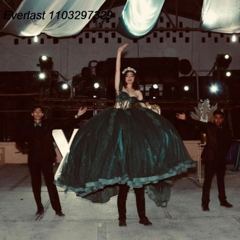 EVLAST-vestido De quinceañera verde esmeralda De lujo, vestido De baile, apliques De encaje, corsé De cuentas, dulce mexicano 16, 15 Años, TQD854