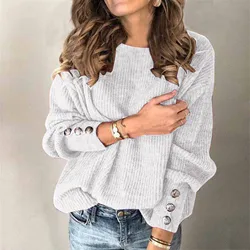 Fashion Women Solid Sweater Round Collar Solid Button Decro Long Sleeve Knitted Ladies Sweaters Warm Comfort Casual Sweatshirt